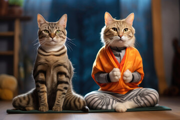 Sports concept. Two funny cats in sportswear sit on a yoga mat and meditate. Close-up.