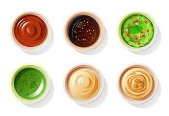 Set of dip sauces top view isolated on a white background.