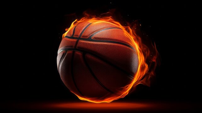 Hot basketball on black background under neon lights for advertising.