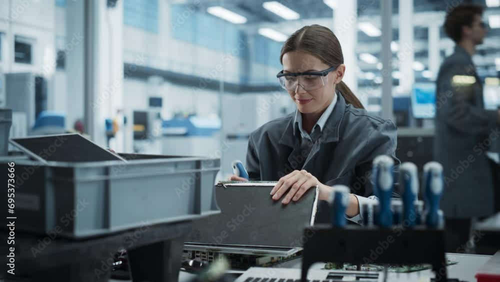 Poster caucasian female worker disassembling old laptops to recycle electronic components for sustainable p