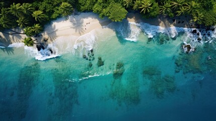 An aerial view of a beach with trees and water, AI