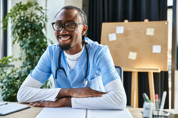 handsome cheerful african american doctor with glasses looking at camera during online consultation