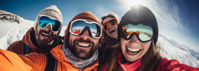 Many happy cheering friends, group of people wearing ski equipment, taking selfies outdoors under the bright winter sun.