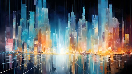 Abstract night city with skyscrapers and lights. Panoramic banner