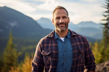 Portrait of a grinning man in his 40s wearing a comfy flannel shirt against a panoramic mountain vista. AI Generation