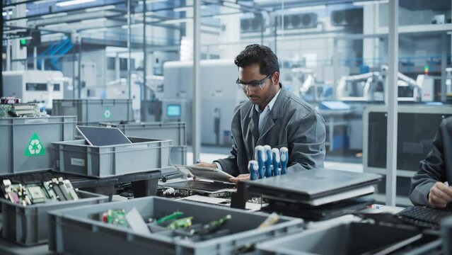 Indian And Caucasian Male Workers Taking Apart Laptops To Recycle Components For Production Of Microchips At Automated Electronics Factory With Robotic Arms. Colleagues Sorting Displays, Keyboards.