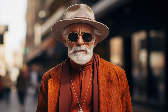Cool hipster senior man with a gray beard wearing sunglasses and a hat on a city street. Stylish men's fashion middle age