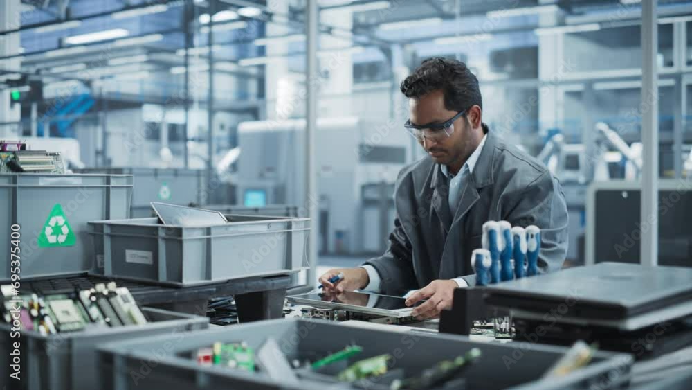 Aufkleber Indian And Caucasian Male Workers Taking Apart Laptops To Recycle Components For Production Of Microchips At Automated Electronics Factory With Robotic Arms. Colleagues Sorting Displays and Keyboards.