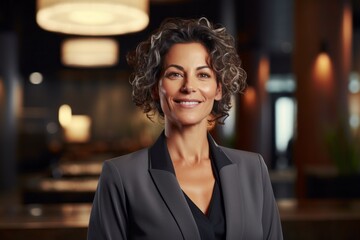 Portrait of a satisfied woman in her 50s wearing a professional suit jacket against a soothing spa interior. AI Generation