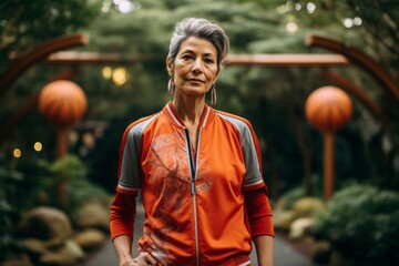 Portrait of a content woman in her 50s dressed in a high-performance basketball jersey against a backdrop of a traditional japanese garden. AI Generation