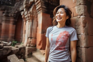Portrait of a cheerful asian woman in her 40s sporting a technical climbing shirt against a backdrop of ancient ruins. AI Generation