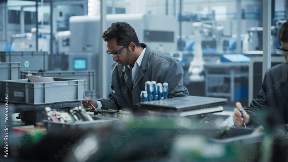 Poster indian and caucasian male workers taking apart laptops to recycle for production of new devices at a