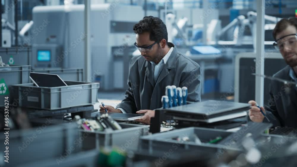 Aufkleber Indian And Caucasian Male Workers Taking Apart Laptops To Recycle For Production Of Sustainable Devices At Automated Electronics Factory With Robotic Arms. Colleagues Sorting Displays and Keyboards.