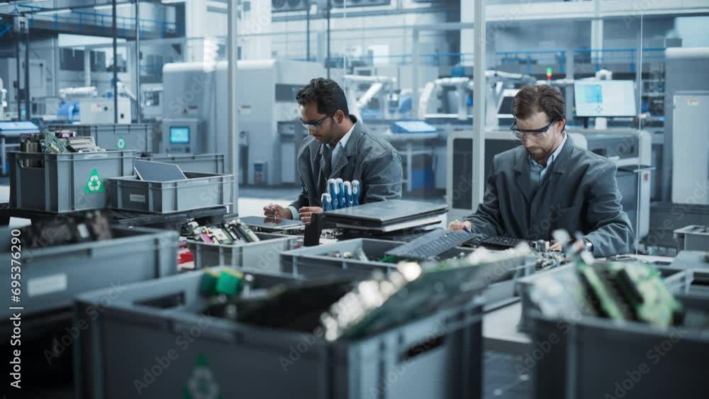 Aufkleber Indian And Caucasian Male Workers Taking Apart Laptops To Recycle For Production Of Digital Devices At Automated Electronics Factory With Robotic Arms. Colleagues Sorting Displays and Keyboards.