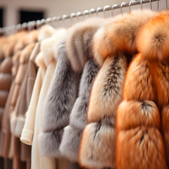 A rack of fur coats in a store  - obrazy, fototapety, plakaty