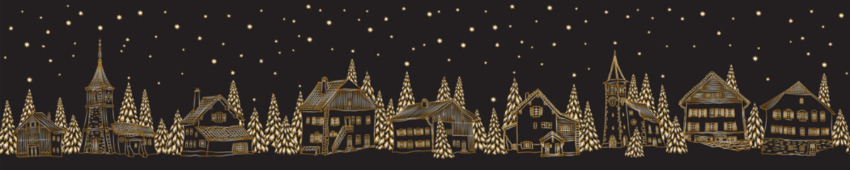 Christmas and New Year seamless border pattern. Fairy tale houses, stars, snowflakes, fir tree and spruce. Golden doodle contour line on a black background  - obrazy, fototapety, plakaty