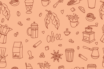 Coffee hand drawn doodle seamless pattern for packaging, textile, print. Modern doodle background with tea and coffee. Vector illustration