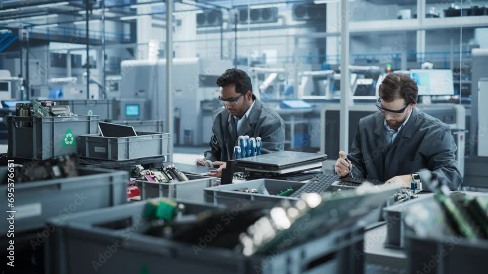 Aufkleber Indian And Caucasian Male Workers Taking Apart Laptops To Recycle For Production Of High-Tech Devices At Automated Electronics Factory With Robotic Arms. Colleagues Sorting Displays and Keyboards.