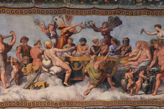 Villa Farnesina Vault Fresco Detail Depicting the Wedding Banquet of Amor and Psyche in Rome, Italy