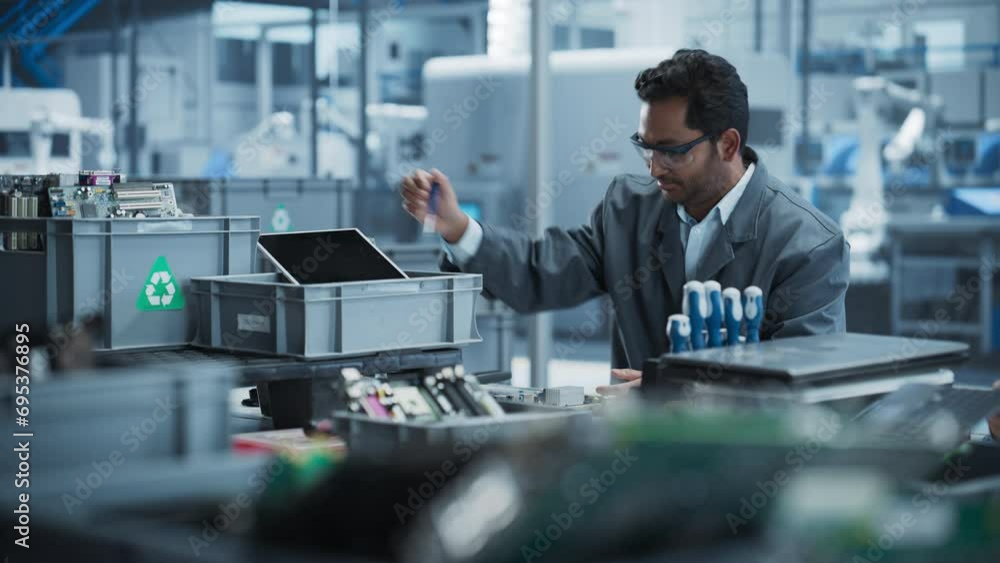 Aufkleber Indian Male Worker Disassembling Old Laptops To Recycle Electronic Components For Sustainable Production At Automated Electronics Factory With Robotic Arms. Man Unscrewing Displays And Sorting Them.