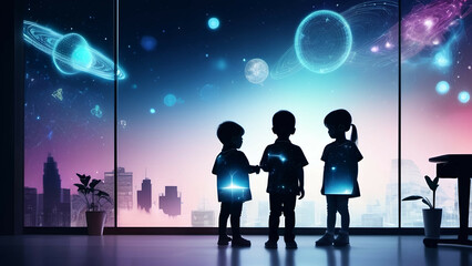 Silhouettes of children against night cityscape with skyscrapers, AI generated