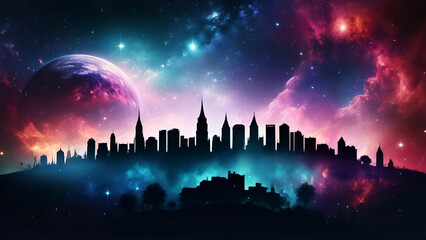 Cityscape at night with full moon, AI generated