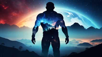 Cyborg man standing in front of a fantasy landscape. , AI generated