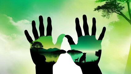 Silhouette of hands and animals against nature landscape background, AI generated