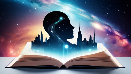 Open book with silhouette of human head and city skyline on the background, AI generated