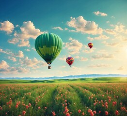 Hot air balloons flying over blooming meadow with poppies