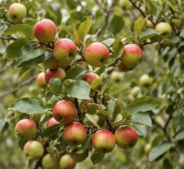 Ripe apples on the branches of an apple tree in a garden