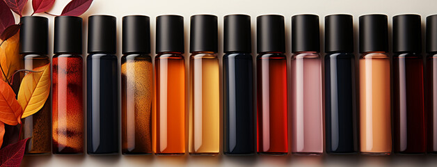 Wide flat lay cosmetics banner image of different colorful herbal treatment oil and liquid perfume container bottles in clear background  