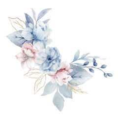 Watercolor vector floral wreath. Dusty blue, pink flowers and branches. Winter blossom flower gentle clip art. Arrangement for wedding, invitations, decoration, mothers day, birthday. Hand drawn