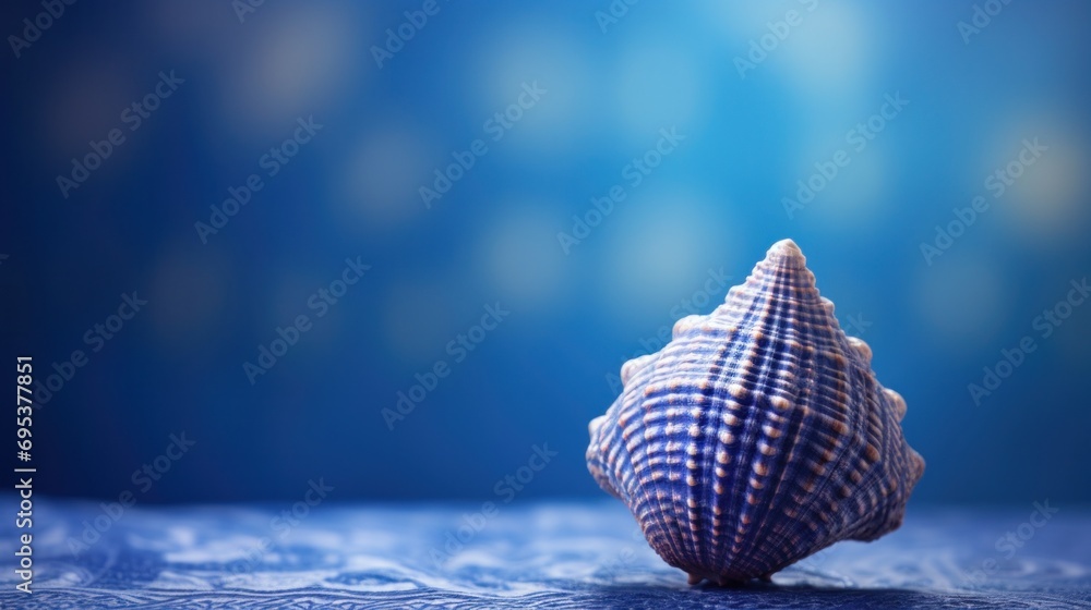 Poster A close up of a sea shell on top of blue background, AI