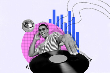 Photo collage creative picture funky dj young guy turn on music vinyl record clubber party festive...