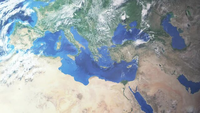 Zoom in from space and focus on Eleusina, Greece. 3D Animation. Background for travel intro. Elements of this image furnished by NASA