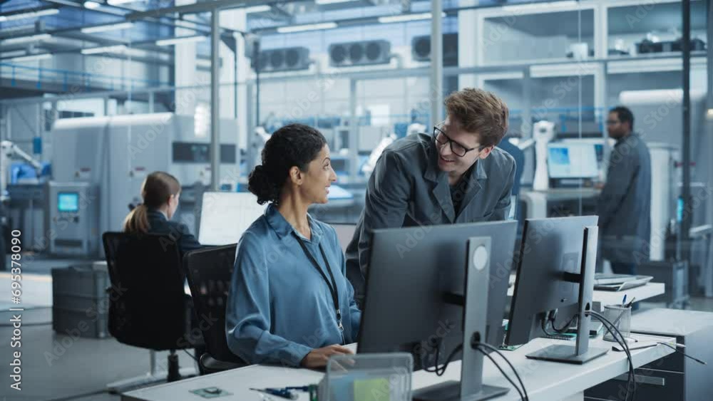 Poster Portrait of a Young Male Assembly Line Worker and Hispanic Female Engineer Collaborating on a Project, Using Computer and Talking in a Factory with Robotic Arms Producing Modern High-Tech Devices.