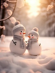 Obraz premium Two snowmen are a wonderful couple. Winter's Tale. AI generated.