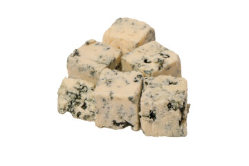 Blue cheese cubes isolated on a white background.