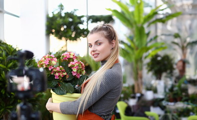 Blonde Blogger Holding Flowerpot with Hydrangea. Beautiful Woman Recording Yellow and Pink Blooming...