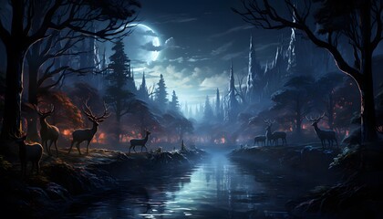 Digital painting of a forest at night with a full moon and deers