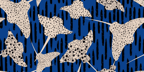 Seamless pattern with oceanic stingray. Collage contemporary print. Fashionable template for design
