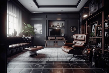 Modern interior design of the living room of an apartment house, warm colors, dark brown colors. AI Generative.