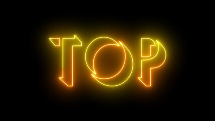 Top neon glowing text illustration. Neon-colored Top text with a glowing neon-colored moving outline on a dark background. Technology video material.