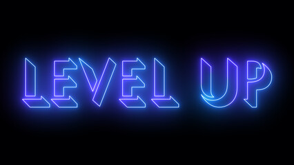 Level up neon glowing text illustration. Neon-colored Level-up text with a glowing neon-colored moving outline on a dark background. Technology video material.