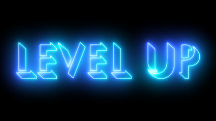 Level up neon glowing text illustration. Neon-colored Level-up text with a glowing neon-colored moving outline on a dark background. Technology video material. - obrazy, fototapety, plakaty