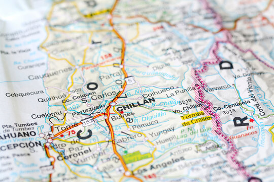 Chillan, Chile - January 5, 2024: Chillan city road map. Closeup macro view