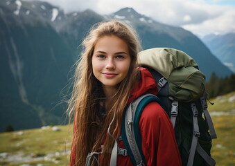 A smiling woman wearing a red jacket and a backpack, AI Generated