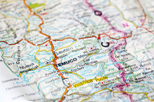 Temuco, Chile - January 5, 2024: Temuco city road map. Closeup macro view