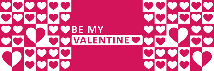 Minimalistic pink horizontal Valentine's Day card with cute hearts. Vector poster, banner, cover, background